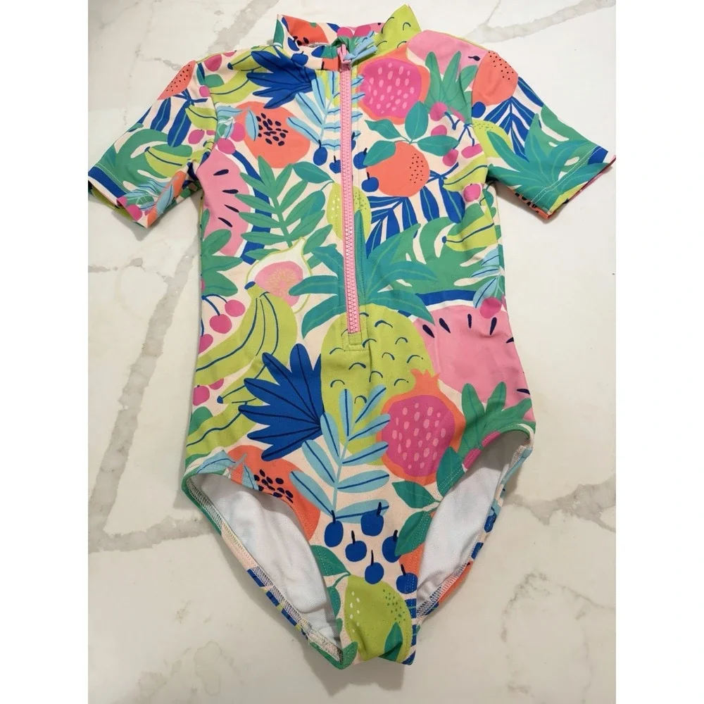 Mini Boden Girls 1-Piece Short Sleeve Tropical Rash Guard Swimsuit Sz 6-7 Years